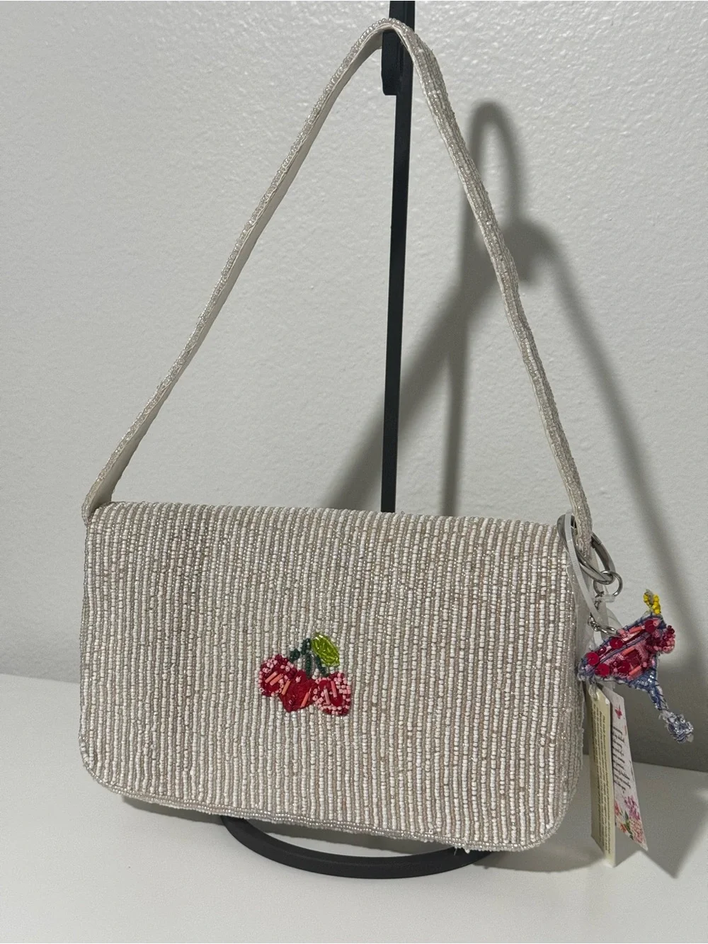 Beaded Cream Shoulder Bag with Fruit & Cocktail Motif